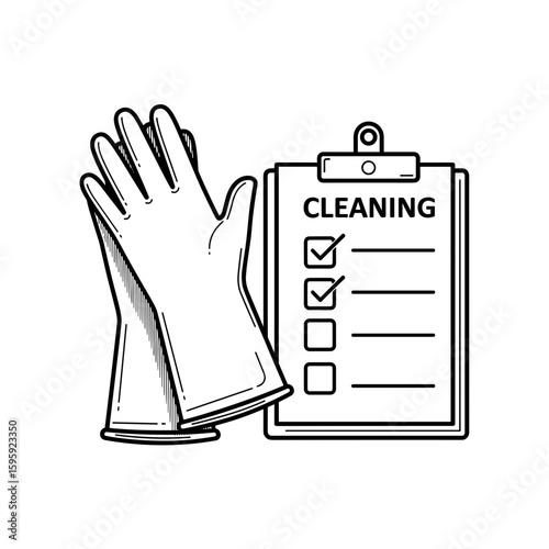 Cleaning gloves with checklist icon illustration in black and white for cleaning concept