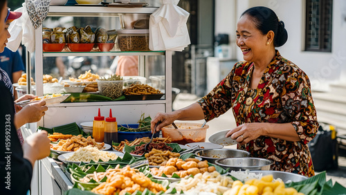 An attractive older Indonesian female smiles broadly while serving traditional street food from a vibrant stall to a customer, showcasing local cuisine and hospitality.