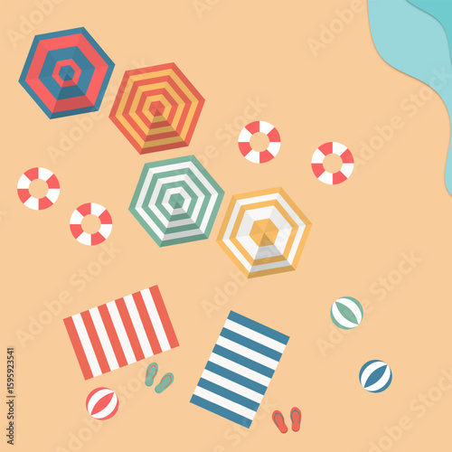 Vibrant top-down beach view with multiple umbrellas, towels, lifebuoys, balls, and flip-flops. Ideal for summer vacation fun designs.