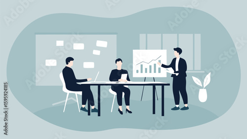Business meeting with presentation of a graph to colleagues in a modern office setting shown here
