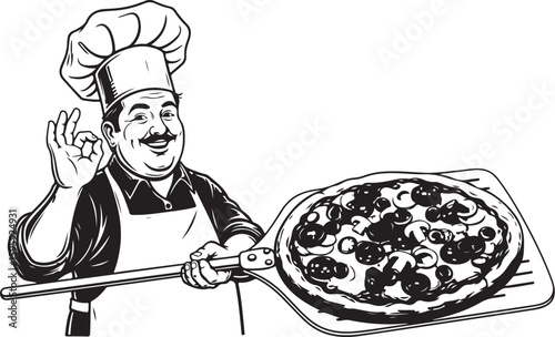 Vector art of a happy chef presents a delicious pizza on a peel