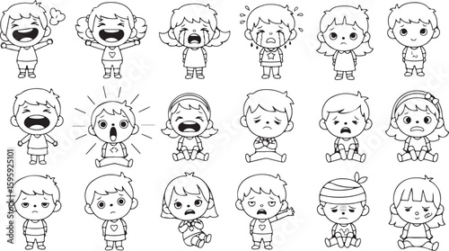 Vector art of collection of diverse cartoon childrens emotions and expressions