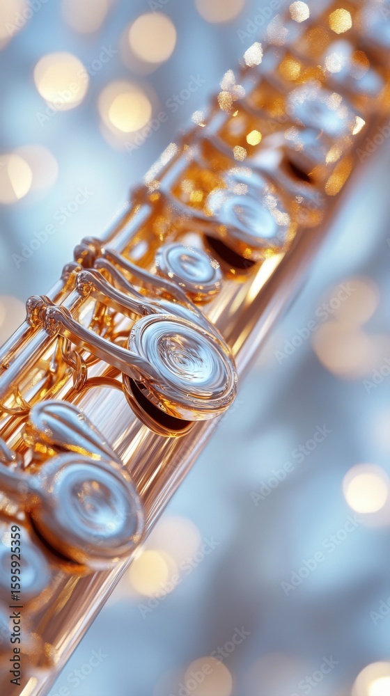 Fototapeta premium Elegant Gold Flute Detail with Bokeh Background flute gold detail bokeh elegant musical instrument