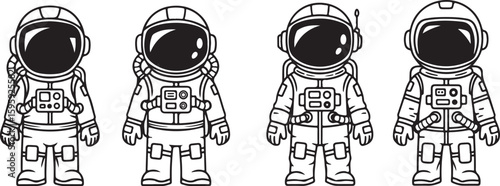 Vector art of four astronauts in space suits with helmets