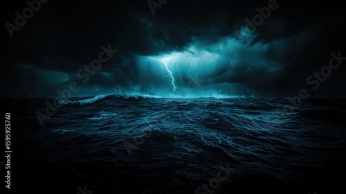 A dramatic image of lightning flashing over a stormy ocean