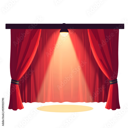 Red theater curtains with spotlight illuminating stage area  