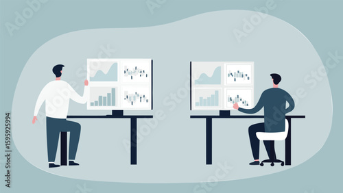 Two traders analyzing stock market data on computer screens in a modern office setting with charts shown