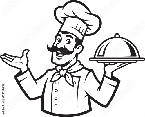 Vector art of a smiling chef presents a covered dish with a flourish