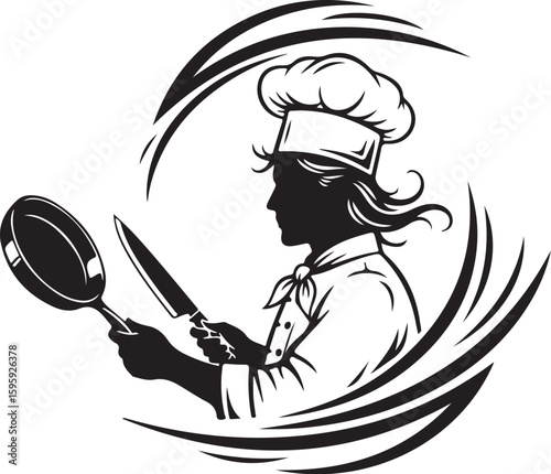 Vector art of a chef with a knife and pan, ready to cook