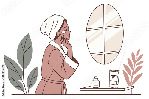 Over-the-shoulder view of woman applying moisturizer in a calm bathroom setting with mirror reflection, natural light, and clean design