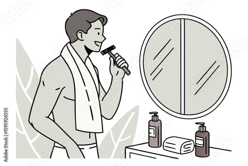 Confident morning routine of a man applying beard oil or shaving with a razor in natural light, side profile