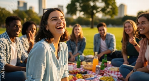 Group of diverse young adults enjoying a picnic on a sunny day in a park, laughing and socializing.