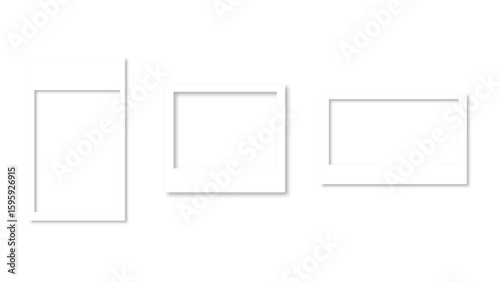 Empty white photo frame set with shadow. Retro vintage photograph with transparent adhesive tape. Digital snapshot image. Template or mockup for design. Vector illustration
