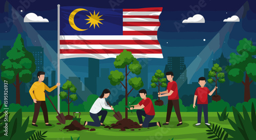 A group of people is involved in an evening tree planting event in an urban setting, with the Malaysia flag in the background, promoting environmental awareness and sustainability.