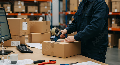 Warehouse worker sealing cardboard box with tape, preparing shipment.