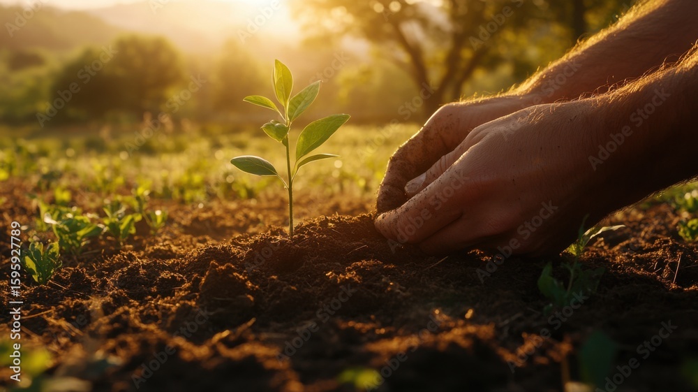 Fototapeta premium Hands Gently Planting a Young Plant in Soil at Golden Hour planting plant hands soil growing sprout