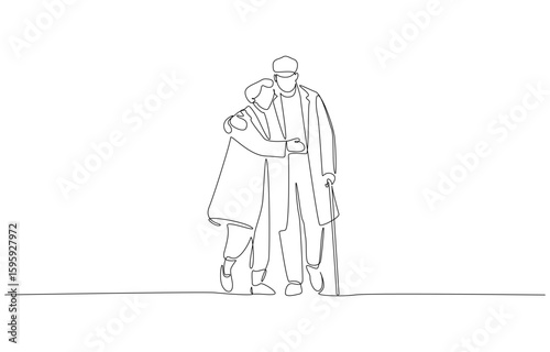 Continuous one line drawing of elderly couple walking together, lifelong romantic relationship concept, single line art