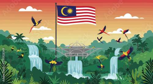The illustration highlights Malaysia’s natural beauty with the national flag above a lush tropical rainforest. Birds like hornbills and parrots fly above waterfalls and vibrant greenery