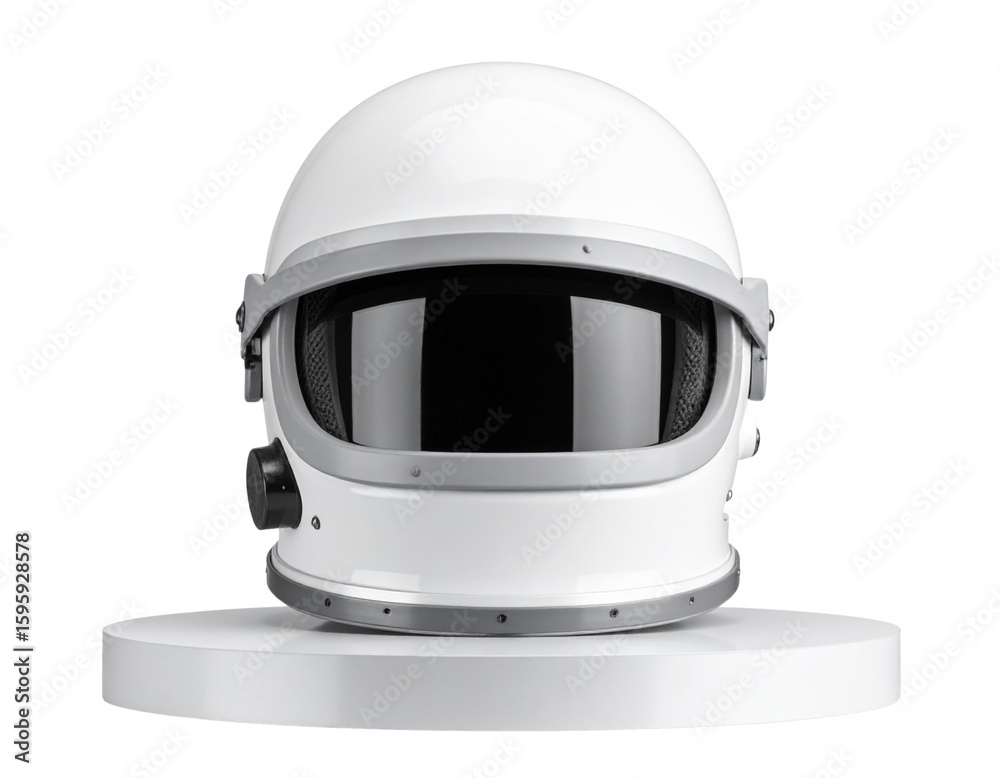 Fototapeta premium Astronaut Helmet on Pedestal in Minimalist Studio with Soft Lighting, Front View, Transparent PNG