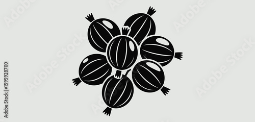 Stylized black and white illustration of a cluster of gooseberries