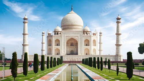 Taj Mahal Front View with Garden and Reflecting Pool – Iconic Indian Landmark in Agra