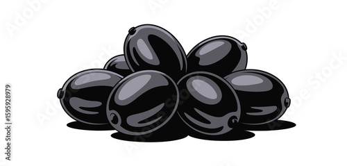 A pile of shiny black olives on a white background