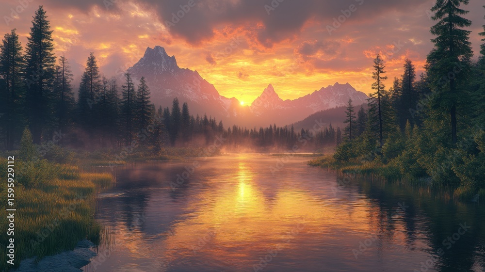 Fototapeta premium Golden Hour Light on Tranquil Mountain Lake with Misty Forest and Dramatic Sky Reflection mountain