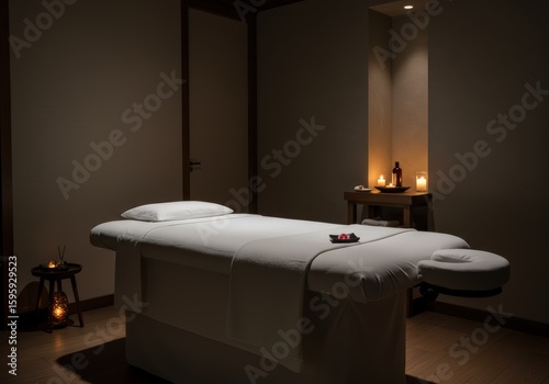 A dimly lit spa room with a massage table and candles creating a relaxing atmosphere indoors