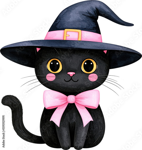 Cute Black Cat Wearing Witch Hat and Pink Bow Transparent background Isolate
