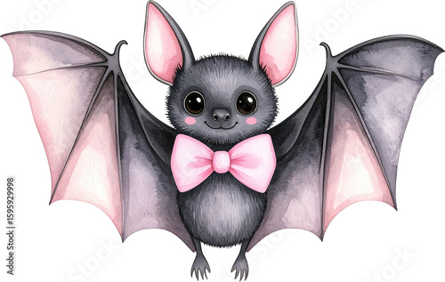 Cute cartoon bat with pink bow tie watercolor illustration transparent background