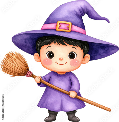 Cute child witch purple costume holding broom watercolor style transparent background