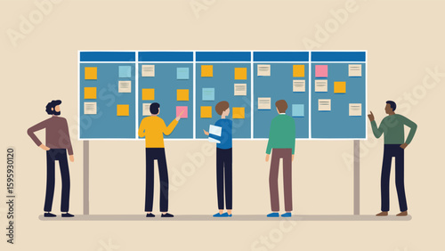 Team members collaborating on a kanban board with sticky notes in a work environment setting displayed