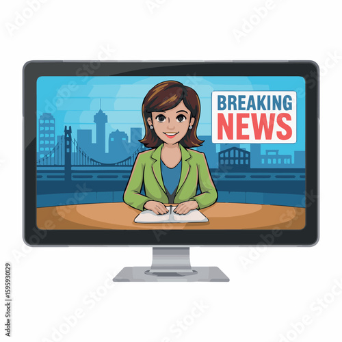 Breaking news broadcast on television with anchorwoman reporting live from studio on current events