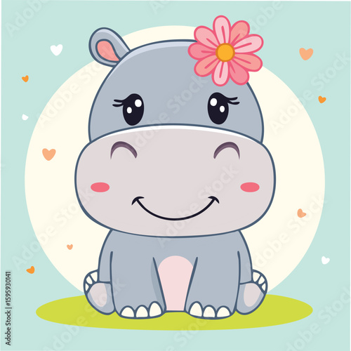 Cute baby hippo in kawaii-style vector illustration
