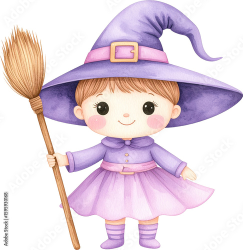Cute Little Witch Watercolor Illustration Purple Dress Broom Hat Transparent Background