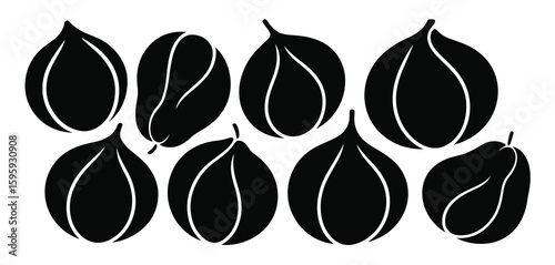 Collection of stylized black and white botanical illustrations of olives
