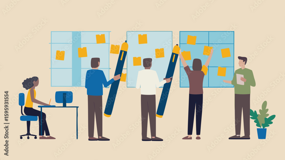 Fototapeta premium Team collaboration with sticky notes on a board, brainstorming and planning in a creative office space