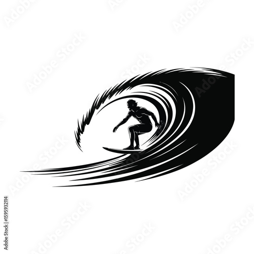 Surfer riding a barrel wave vector silhouette