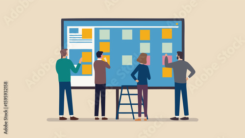Team members collaborating on a project using sticky notes on a large display board in a meeting room