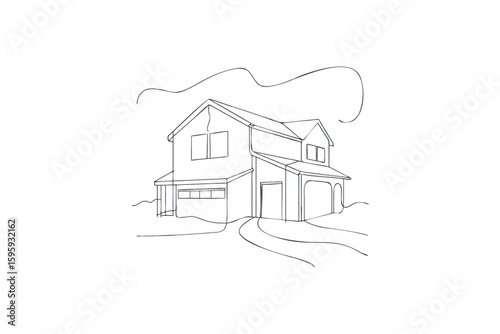 Minimalist Line Art Illustration of a Two-Story House with Garage and Driveway, Art & Illustration 