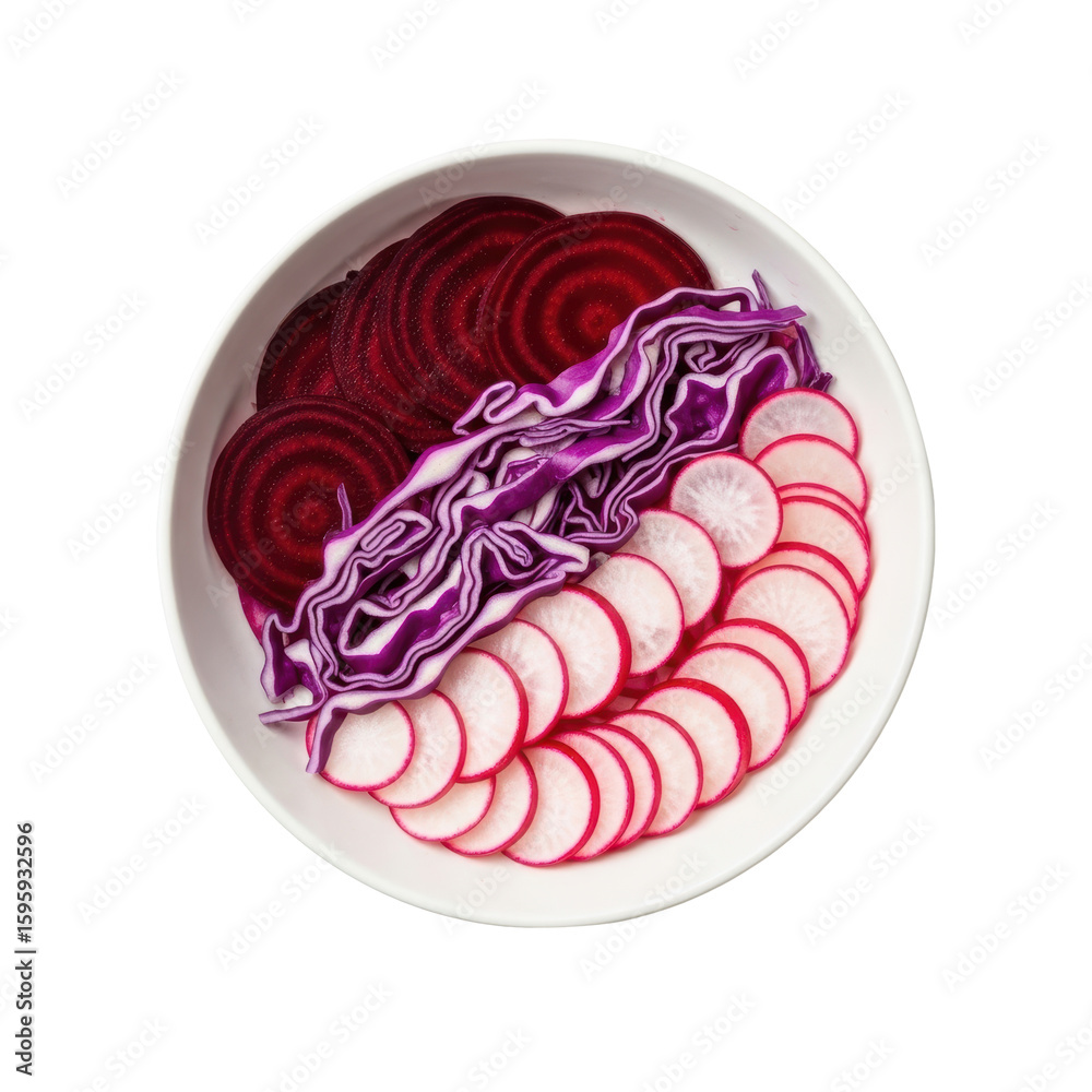 Obraz premium A white bowl filled with fresh, vibrant sliced beets, shredded purple cabbage, and crisp radishes, perfect for a healthy salad or side dish.