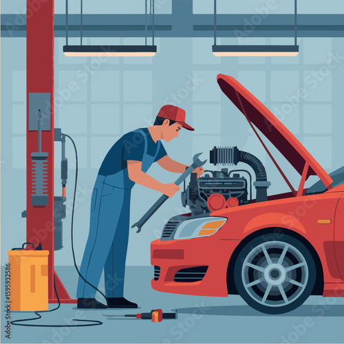 Automotive mechanic repairing car engine in garage professional auto service and maintenance for vehicles shop