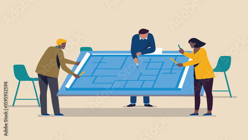 Three people collaborating on a blueprint at a large table in a bright and modern office setting