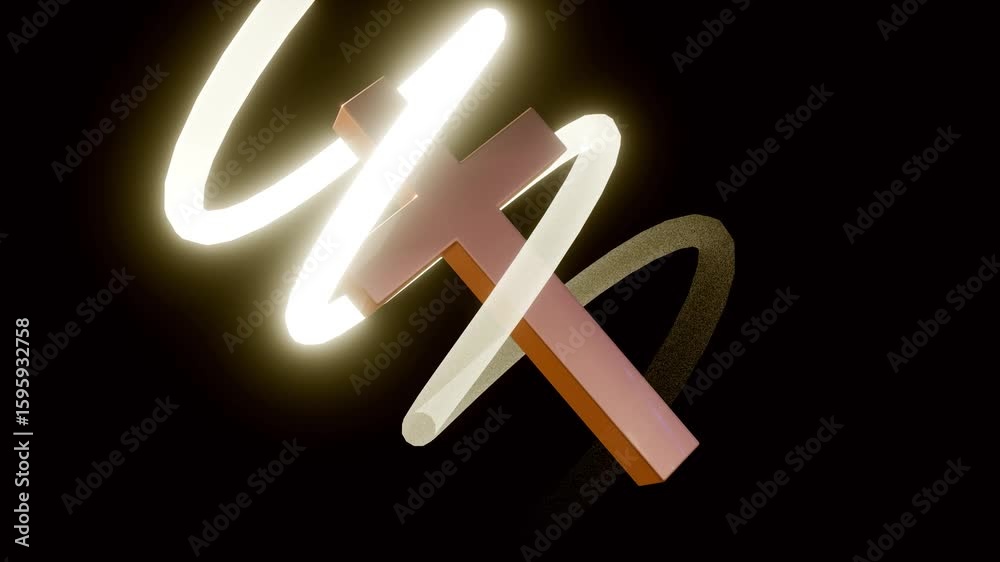 A 3d animation of a cross suspended in a dark. Around the cross, a vibrant, glowing yellow light trail spirals, forming a luminous helix that encircles the cross.