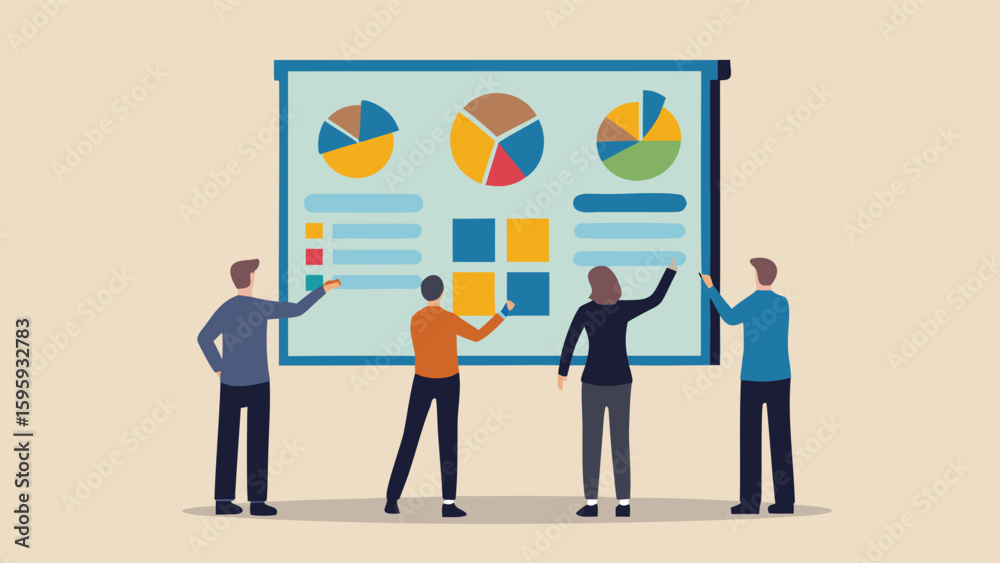 Group of people presenting data on a large screen with pie charts and bar graphs displayed clearly seen Group of people presenting data on a large screen with pie charts and bar graphs displayed clearly seen