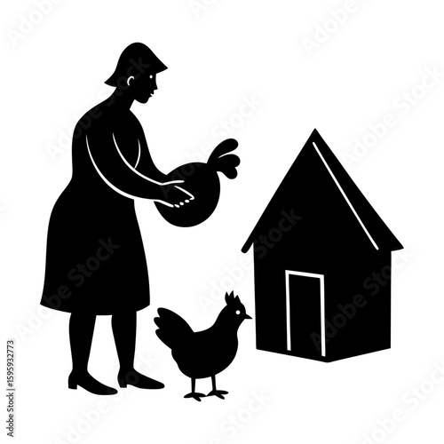 Woman feeding poultry near coop vector farming agriculture silhouette
