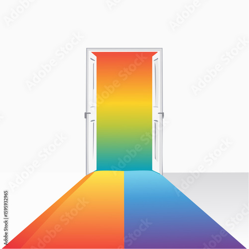 Open doorway shows gradient of color from orange to blue on flat floor