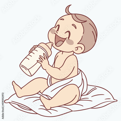 Illustration of a baby lying on a pillow and drinking from a bottle near a crib in light colors
