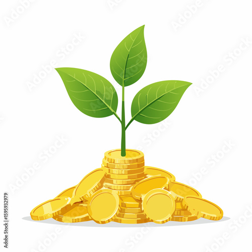 Plant growing from golden coins showcases concept of financial growth