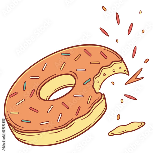 Illustration of a pink frosted donut with sprinkles and a bite taken out of it on a white background
